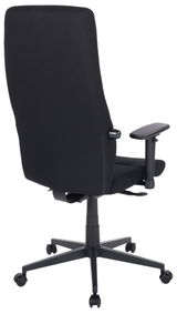 Schwarzer Drehstuhl mit hoher Rückenlehne, von hinten betrachtet, mit verstellbaren Armlehnen und Rollen.