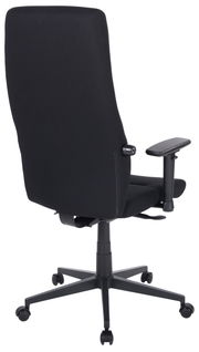 Schwarzer Drehstuhl mit hoher Rückenlehne, von hinten betrachtet, mit verstellbaren Armlehnen und Rollen.