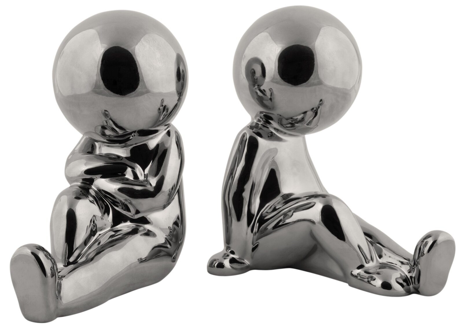 Zwei silberne, glänzende Buchstützen in Form von stilisierten, sitzenden Figuren. Die Figuren sind aus einer frontalen Perspektive zu sehen.