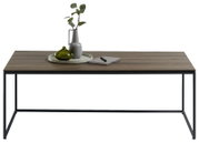 Moderner Couchtisch mit Holzplatte und schwarzem Metallgestell, frontal fotografiert. Dekoriert mit einer Vase, einem grünen Gefäß und einem Notizbuch.