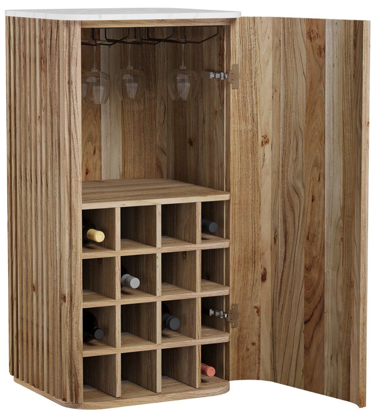 Z2 Barschrank WINSTON Geöffneter Weinschrank aus hellem Holz mit Glashalter oben und Flaschenfächern, perspektivisch in schräger Frontansicht von vorn rechts