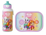 Paw Patrol Lunchset mit Flasche und Brotdose, Vorderansicht, bunte Motive von Hunden auf rosa Hintergrund.