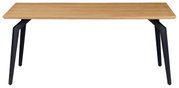 Moderner Esstisch mit Holzplatte und schwarzen Metallbeinen, Frontalansicht