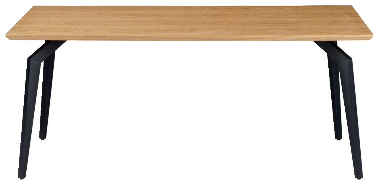 Moderner Esstisch mit Holzplatte und schwarzen Metallbeinen, Frontalansicht