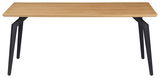 Moderner Esstisch mit Holzplatte und schwarzen Metallbeinen, Frontalansicht