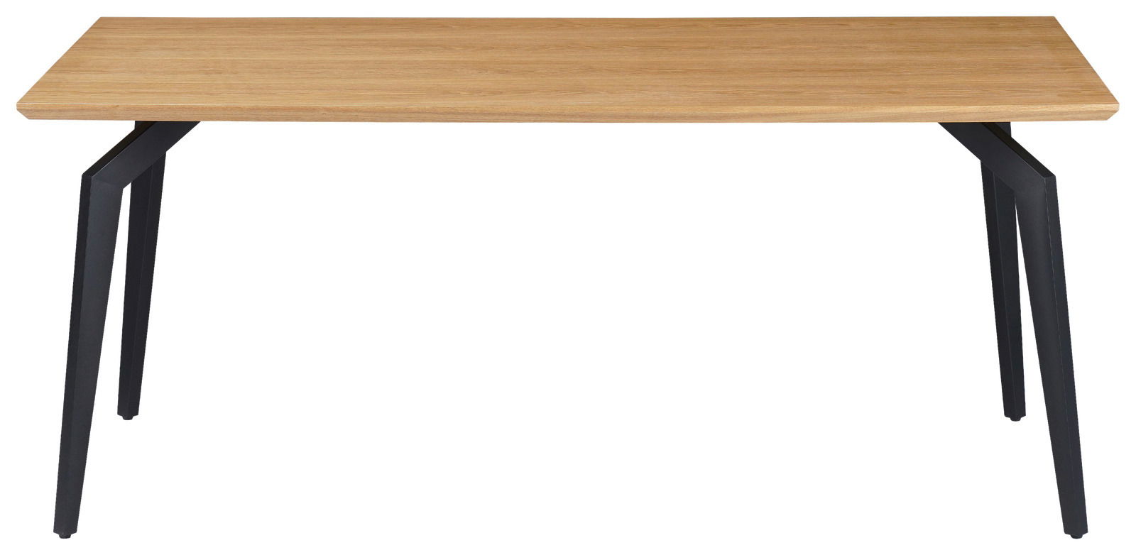 Moderner Esstisch mit Holzplatte und schwarzen Metallbeinen, Frontalansicht