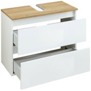 Weißer Waschtischunterschrank mit Holzoptik-Abdeckplatte und Aussparung für Siphon, zwei Schubladen teilweise geöffnet, Ansicht schräg von vorne oben