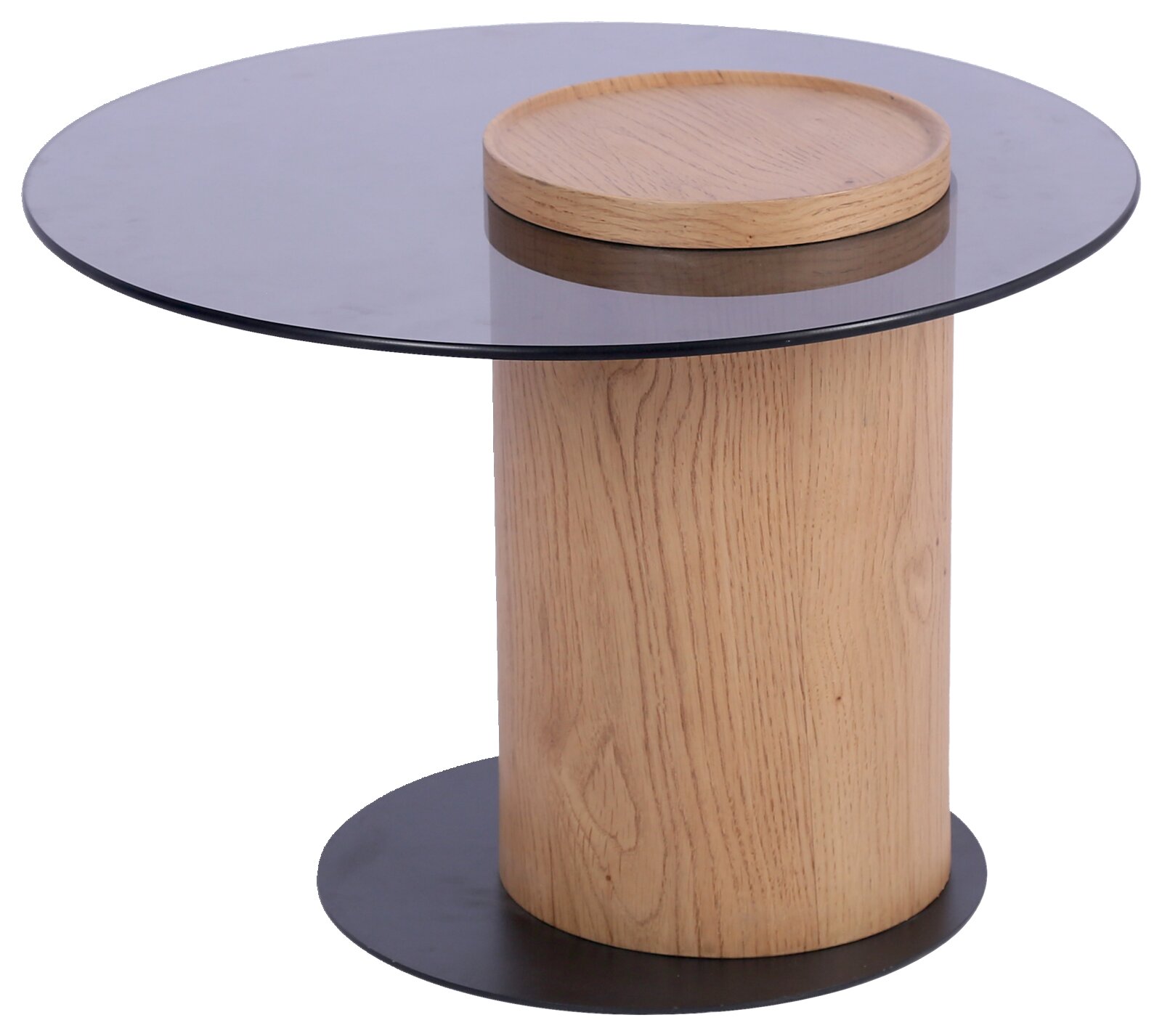 Moderne bijzettafel met rond glazen blad en houten poot, zijaanzicht
