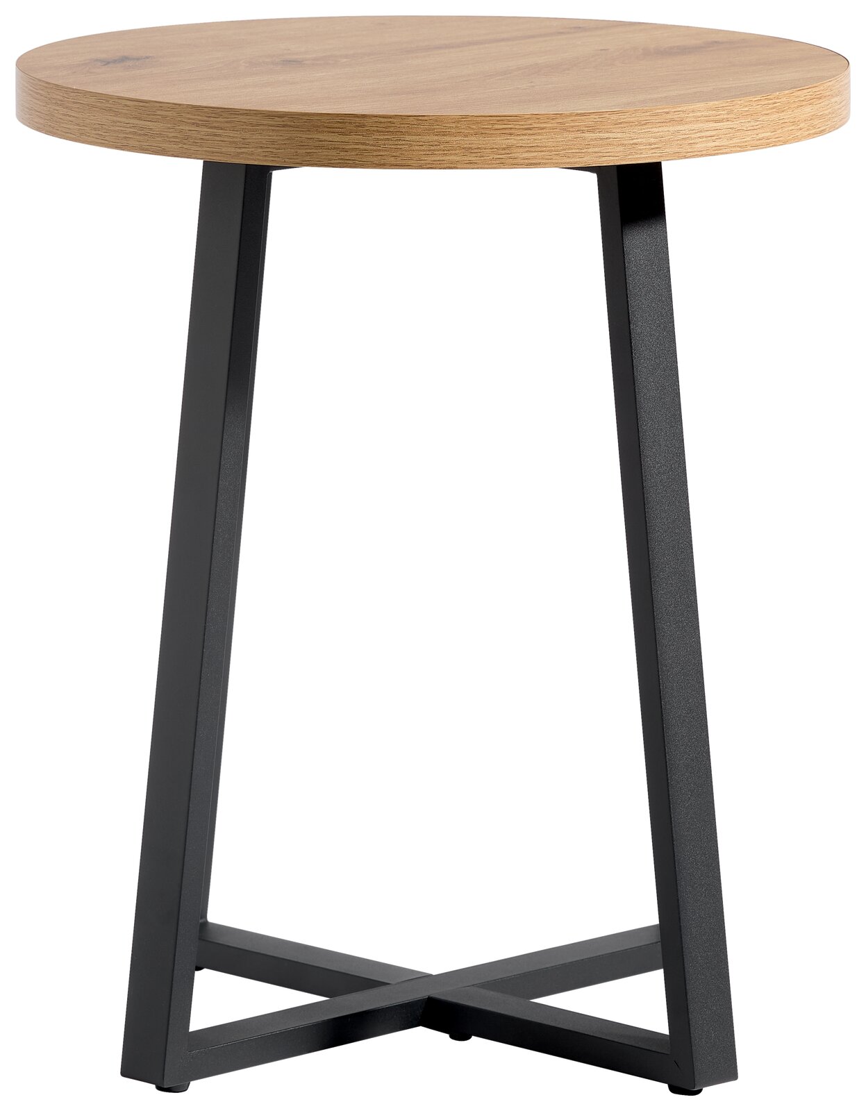 Runder Beistelltisch mit Holzplatte und schwarzem Metallgestell, seitliche Perspektive