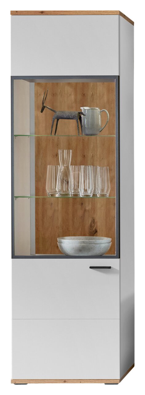 Vitrine mit Glastüren, Holzrückwand und Glasböden, frontal betrachtet