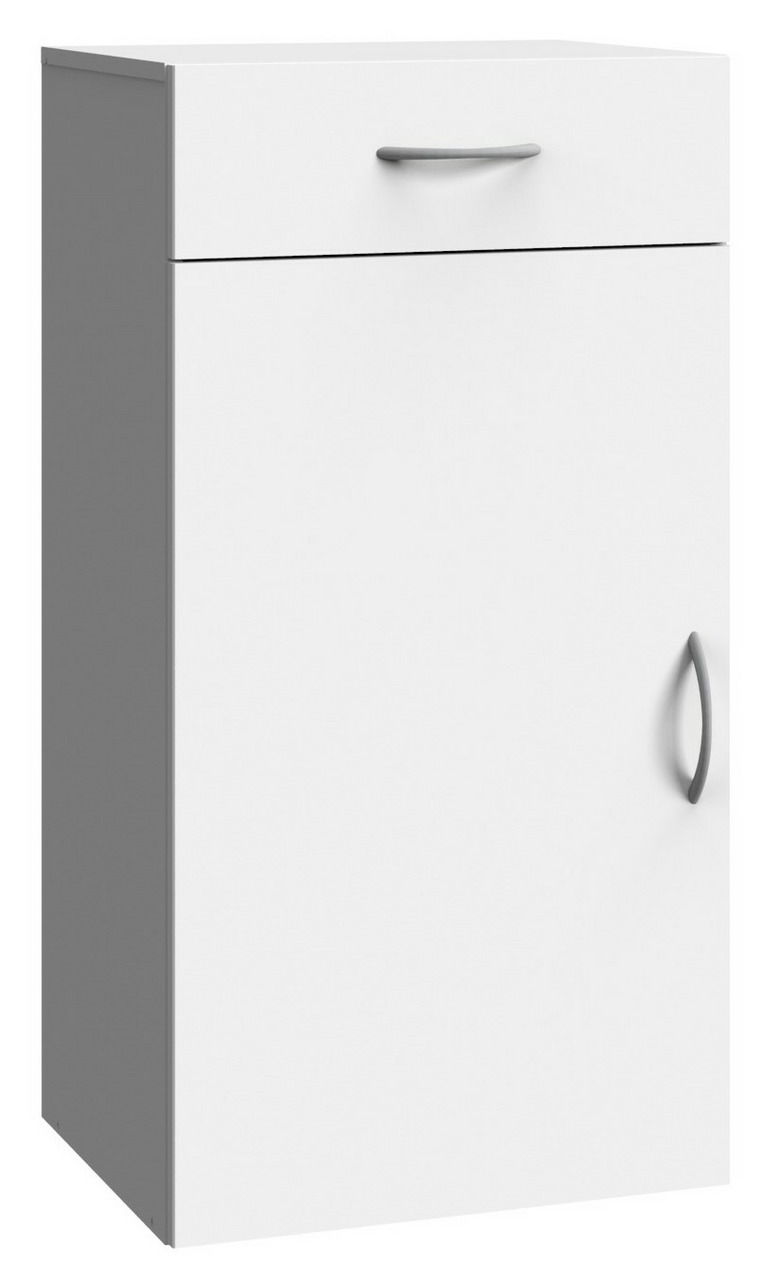 Weiße Wäschekommode mit einer Schublade und einer Tür, seitliche Perspektive