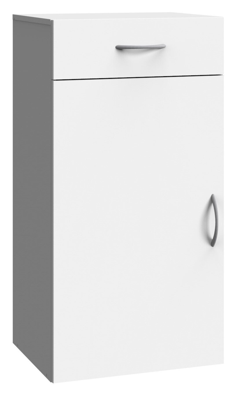 Weiße Wäschekommode mit einer Schublade und einer Tür, seitliche Perspektive