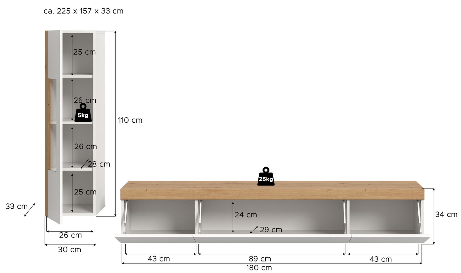 Wohnkombination mit einem hohen Regal und einem langen TV-Board in Holzoptik, seitliche Perspektive.