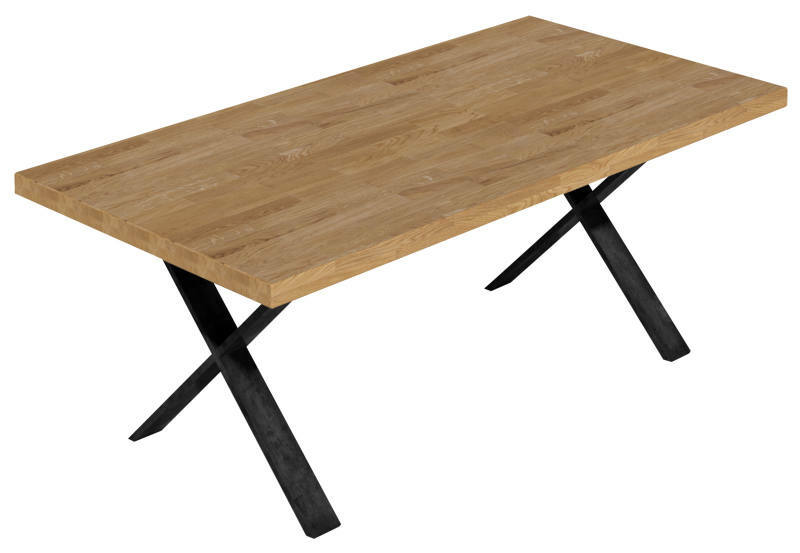 Moderner Esstisch mit Holzplatte und schwarzen Metallbeinen, seitliche Perspektive