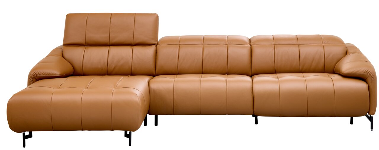 Bruine leren bank met chaise longue, vooraanzicht