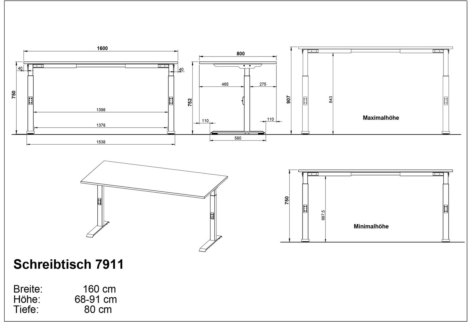 Höhenverstellbarer Schreibtisch 7911, Breite 160 cm, Tiefe 80 cm, Höhe 68-91 cm, Seitenansicht und Frontansicht