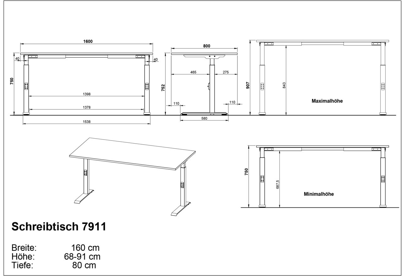 Höhenverstellbarer Schreibtisch 7911, Breite 160 cm, Tiefe 80 cm, Höhe 68-91 cm, Seitenansicht und Frontansicht