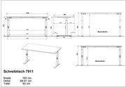 Höhenverstellbarer Schreibtisch 7911, Breite 160 cm, Tiefe 80 cm, Höhe 68-91 cm, Seitenansicht und Frontansicht