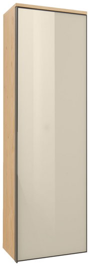Moderner Hängegarderobenschrank mit Holzseiten und glatter, cremefarbener Frontansicht.