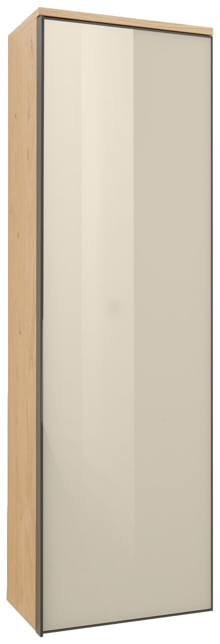 Moderner Hängegarderobenschrank mit Holzseiten und glatter, cremefarbener Frontansicht.
