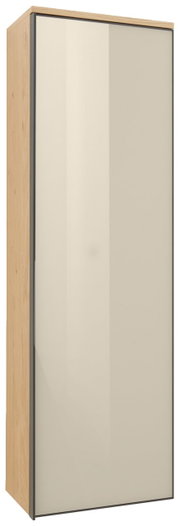 Moderner Hängegarderobenschrank mit Holzseiten und glatter, cremefarbener Frontansicht.