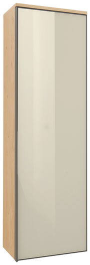 Moderner Hängegarderobenschrank mit Holzseiten und glatter, cremefarbener Frontansicht.