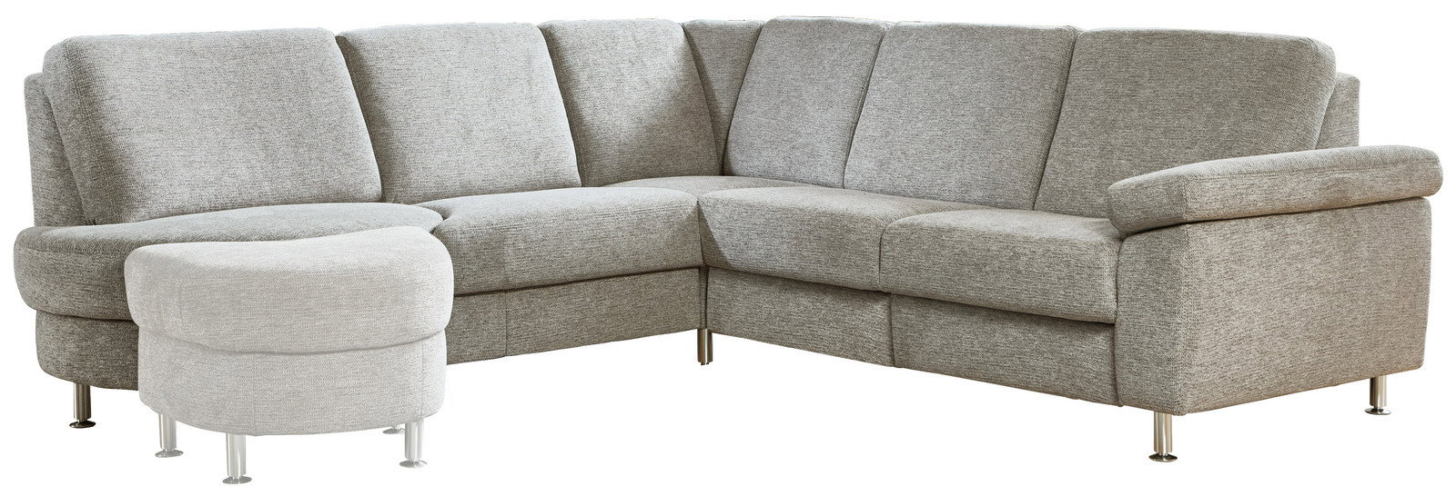 Graue Eckgarnitur mit Hocker, Perspektive von vorne rechts