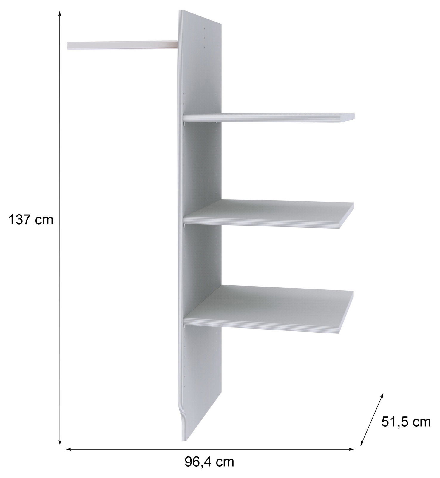 Regal mit drei weißen Einlegeböden, Seitenansicht, Maße 137 cm hoch, 96,4 cm breit, 51,5 cm tief