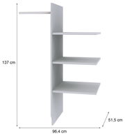 Regal mit drei weißen Einlegeböden, Seitenansicht, Maße 137 cm hoch, 96,4 cm breit, 51,5 cm tief
