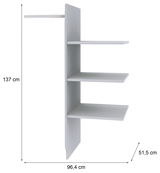 Regal mit drei weißen Einlegeböden, Seitenansicht, Maße 137 cm hoch, 96,4 cm breit, 51,5 cm tief