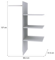 Kast met drie witte legplanken, zijaanzicht, afmetingen: 137 cm hoog, 96,4 cm breed, 51,5 cm diep