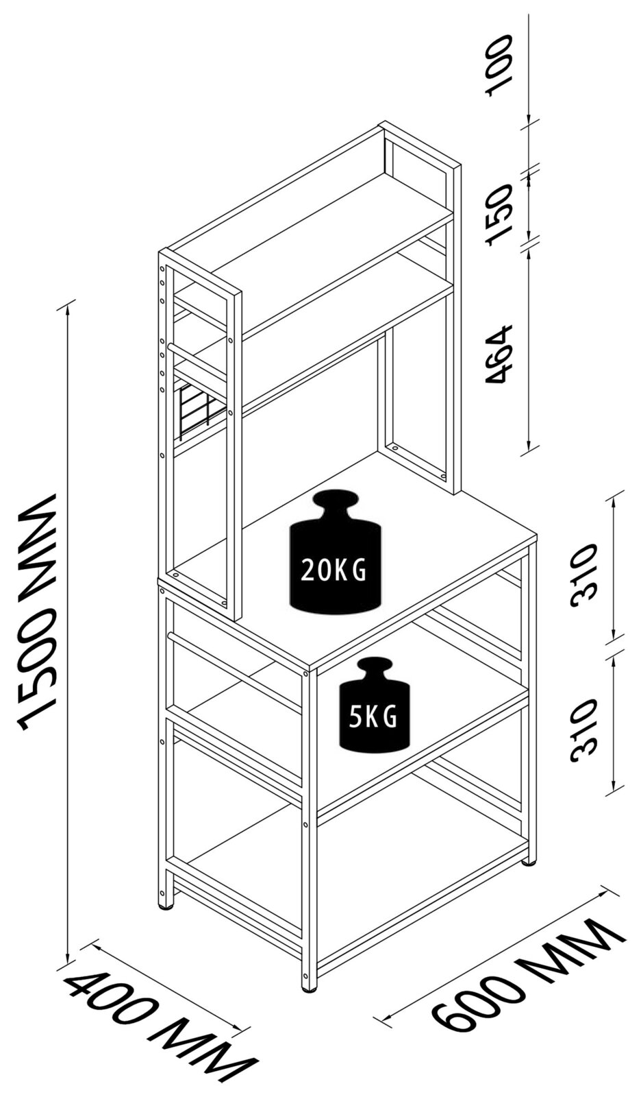 Isometrische Ansicht eines kompakten Regals/Standregals mit Ablageflächen und Maßangaben 600 x 400 x 1500 mm, mit eingezeichneter Belastung (20 kg oben, 5 kg unten).