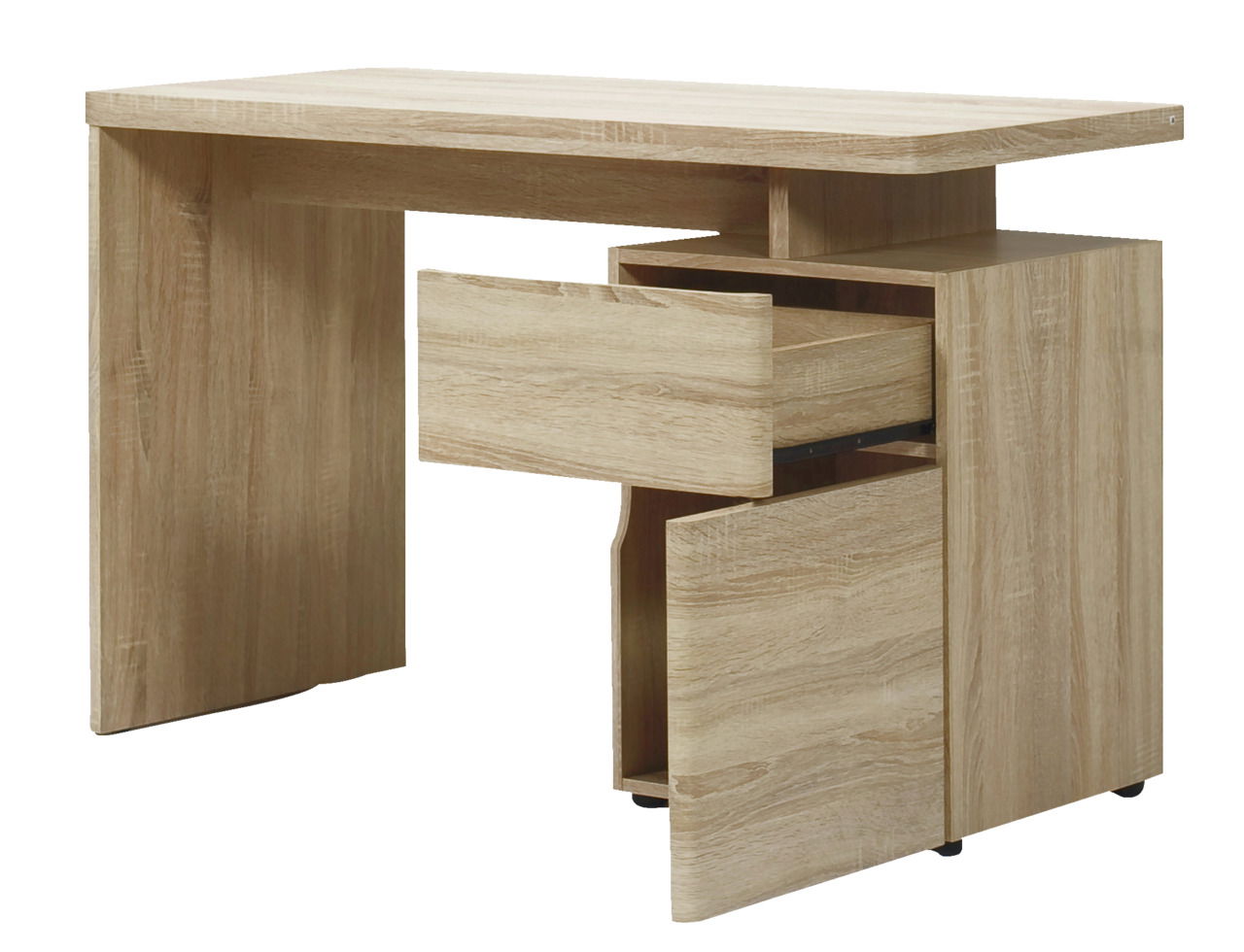 Moderner Schreibtisch aus hellem Holz mit zwei offenen Schubladen, seitliche Perspektive