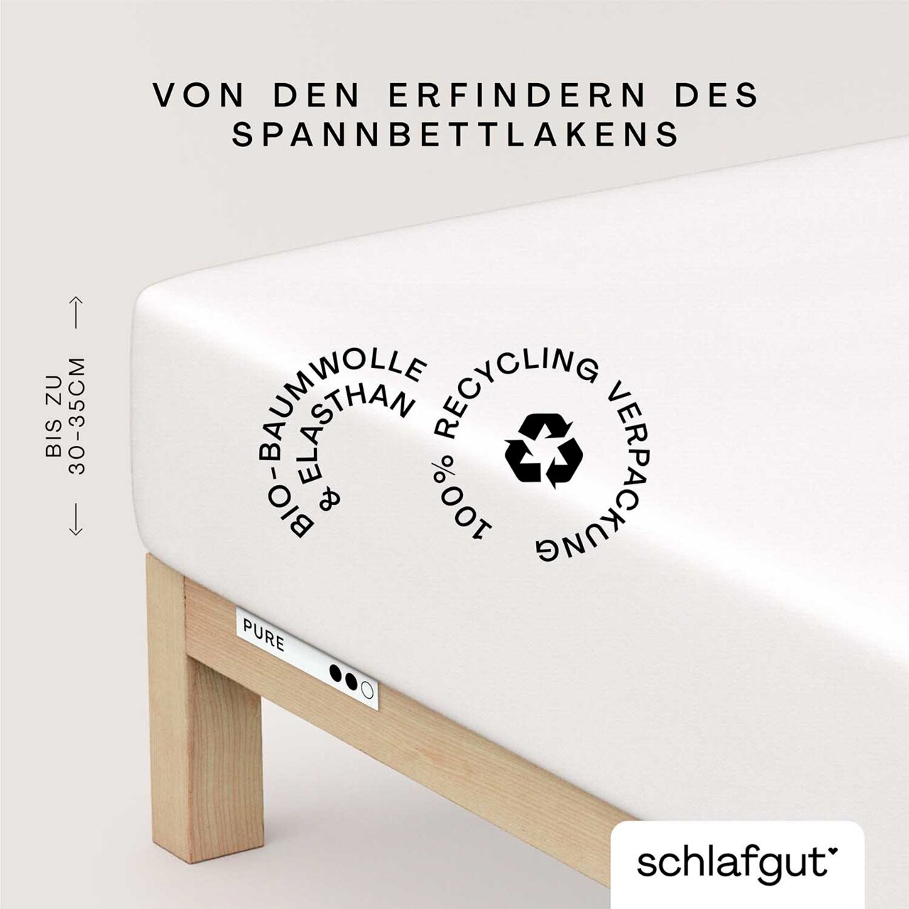Spannbettlaken XL 101 aus Bio-Baumwolle und Elasthan, geeignet für Matratzen bis zu 30-35 cm Höhe, in Seitenansicht. Verpackung zu 100% recycelbar.