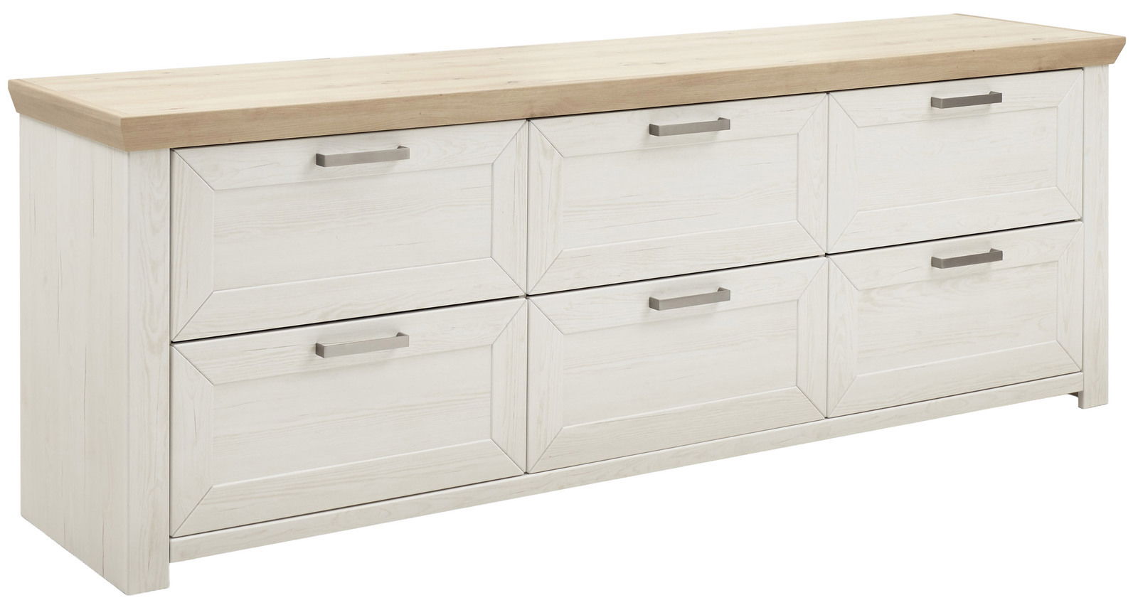 Set one by Musterring Sideboard SET ONE YORK Weißes Sideboard mit sechs Schubladen und Holzplatte, seitliche Perspektive