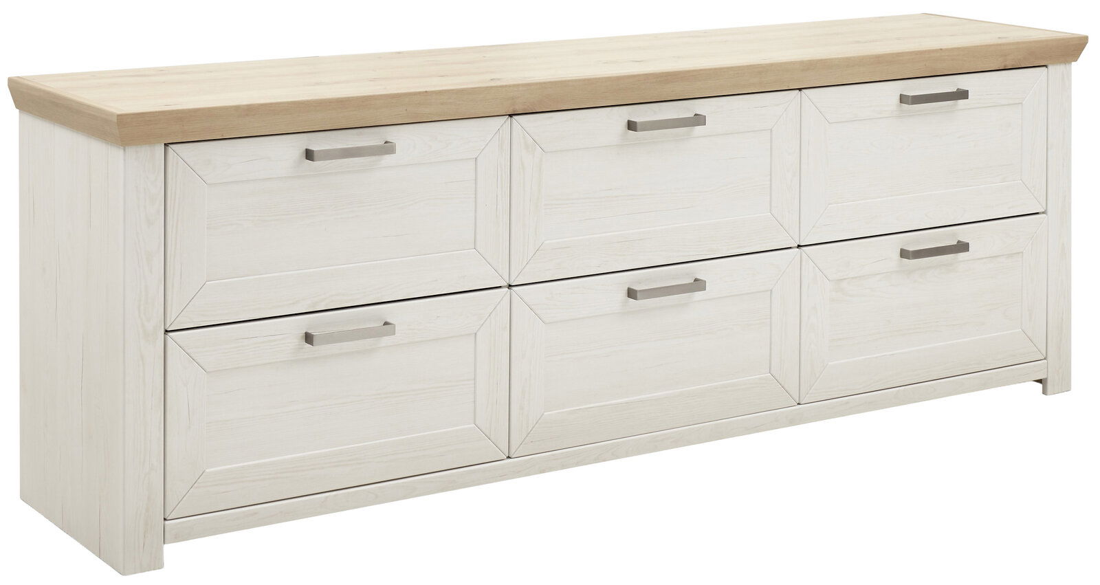 Set one by Musterring Sideboard SET ONE YORK Weißes Sideboard mit sechs Schubladen und Holzplatte, seitliche Perspektive