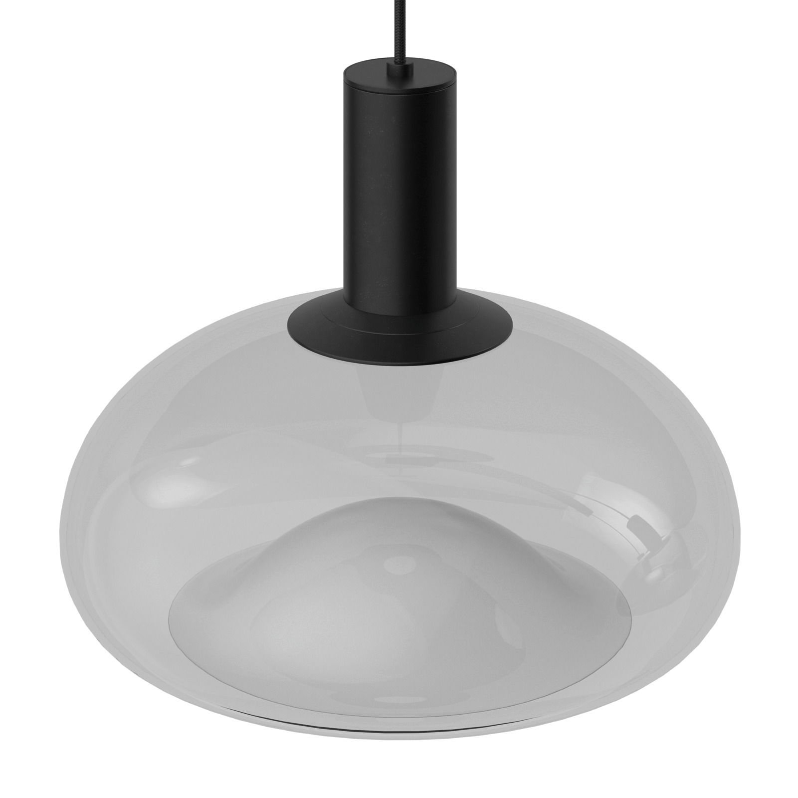 Moderne Hängeleuchte mit transparentem, kugelförmigem Schirm und schwarzem Zylindergehäuse, Ansicht von schräg oben.