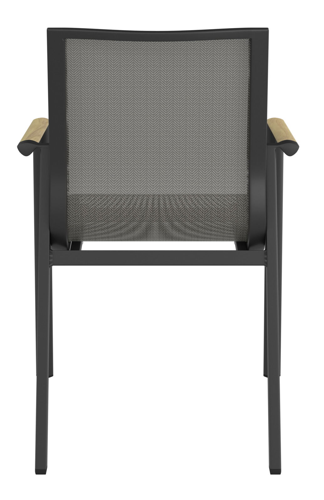 Rückansicht eines Stapelstuhls mit schwarzem Rahmen und Armlehnen aus Holz.