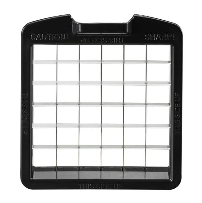 Vorderansicht eines Würfel- und Stifteschneiders mit scharfen Klingen und Gitterdesign.