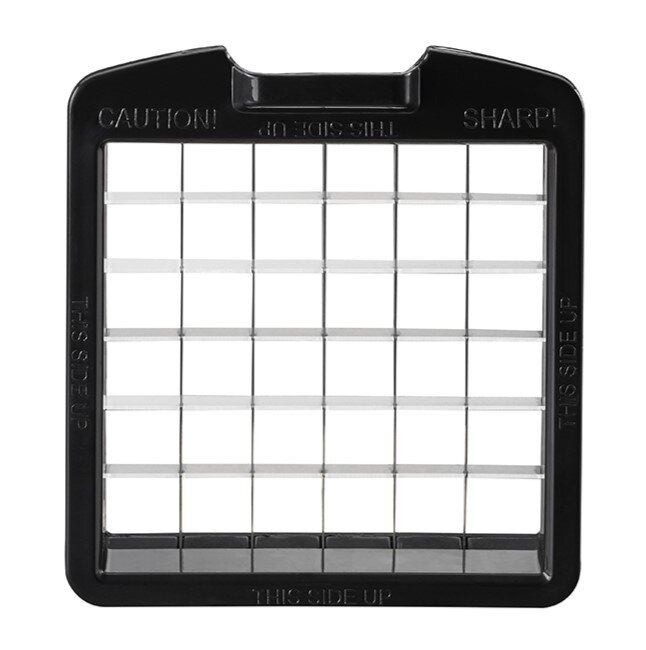 Vorderansicht eines Würfel- und Stifteschneiders mit scharfen Klingen und Gitterdesign.