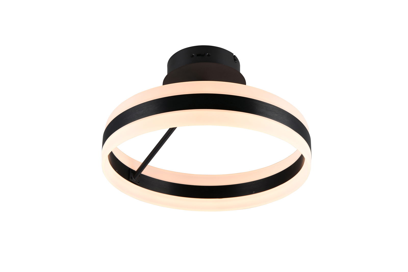 Moderne Deckenleuchte mit schwarzem und weißem Ringdesign, von unten betrachtet.