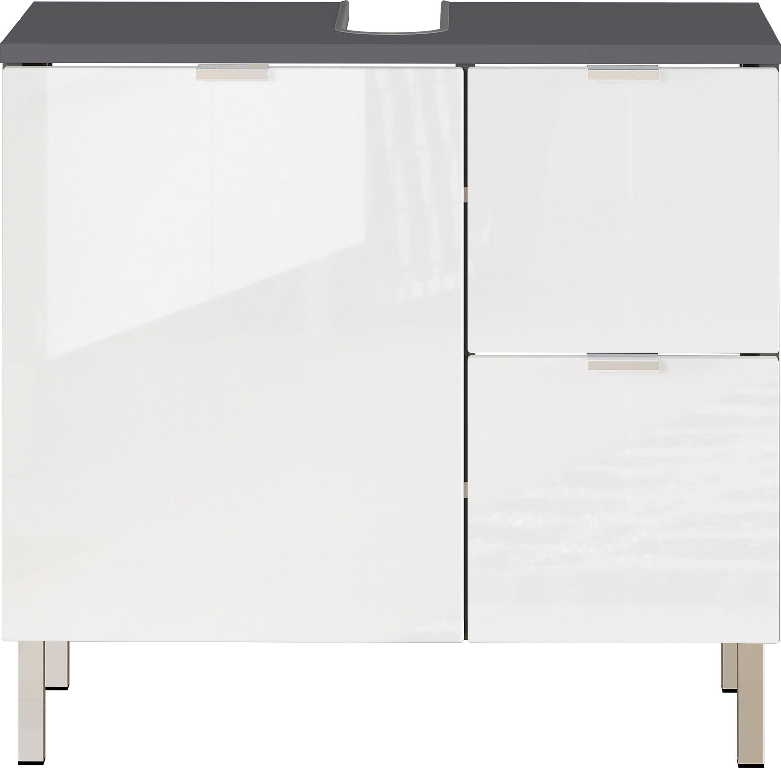 Moderner weißer Unterschrank mit zwei Türen und einer Schublade, frontal betrachtet.