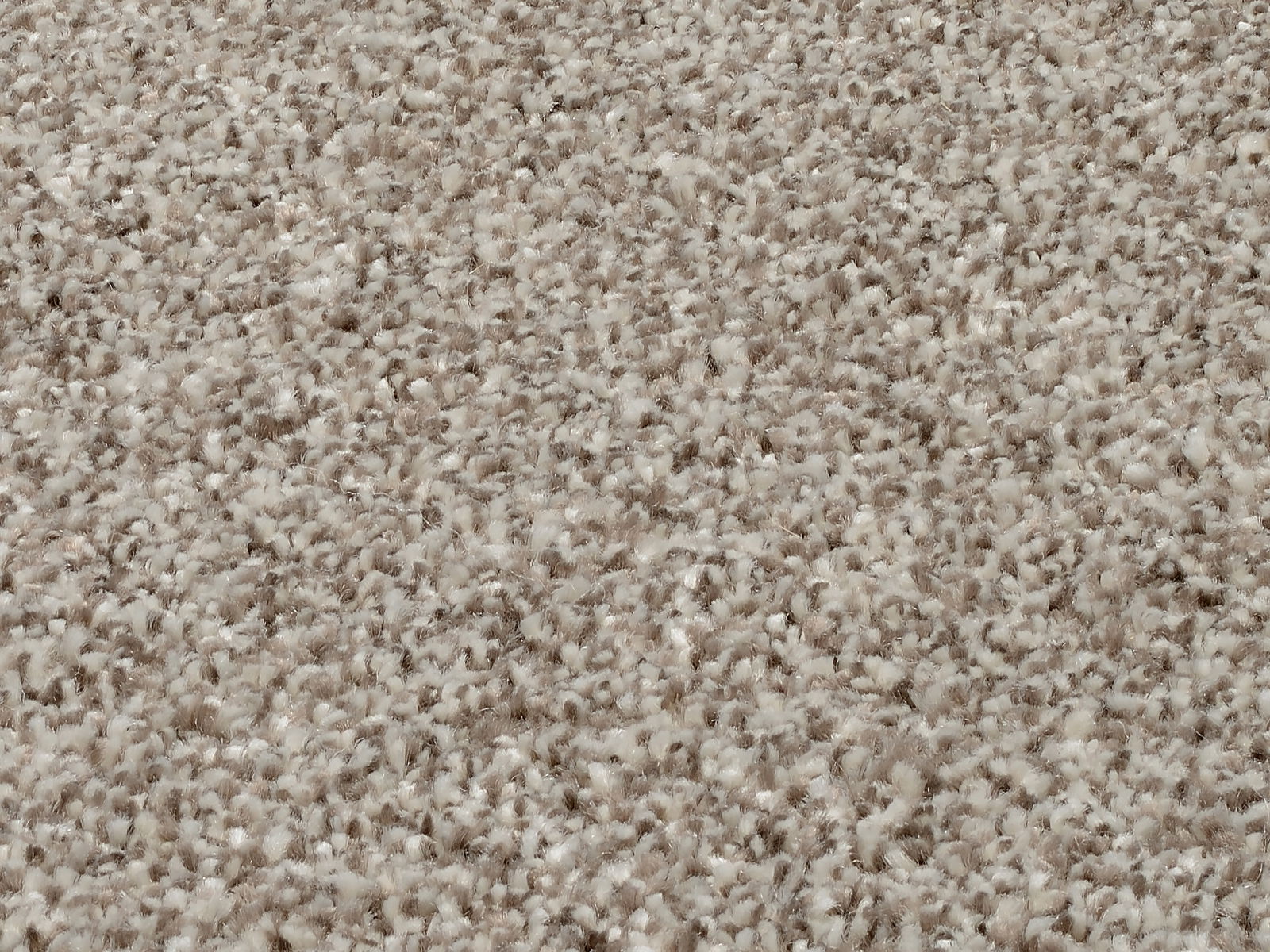 Nahaufnahme eines Uni-Teppichs mit weicher, flauschiger Textur in neutralen Beige- und Grautönen.