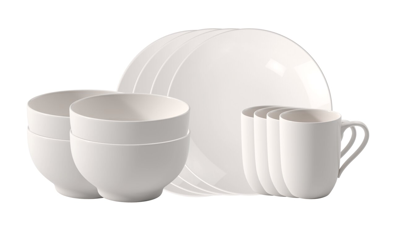 Villeroy & Boch Frühstücks-Set 12-tlg. FOR ME Frontalansicht eines 12-teiligen Frühstücks-Sets aus weißem Porzellan, bestehend aus Schalen, Tellern und Tassen.