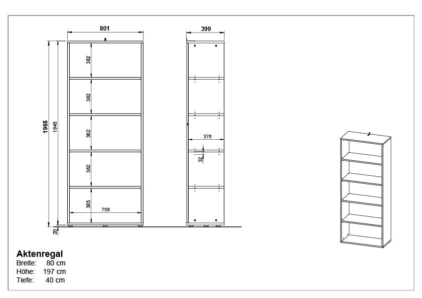 Zeichnung eines hohen Aktenregals mit fünf Regalböden, Vorder- und Seitenansicht, perspektivische Darstellung rechts