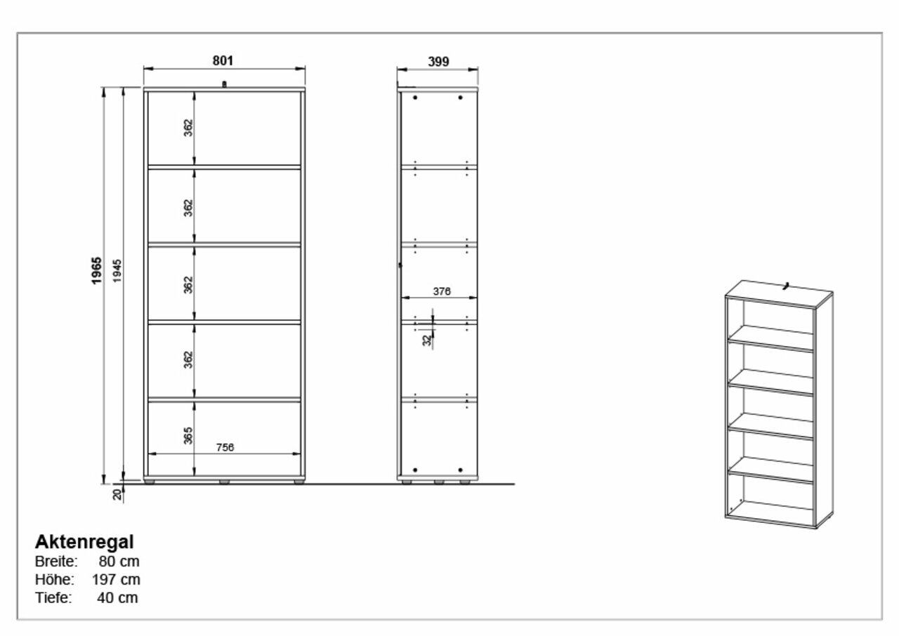 Zeichnung eines hohen Aktenregals mit fünf Regalböden, Vorder- und Seitenansicht, perspektivische Darstellung rechts