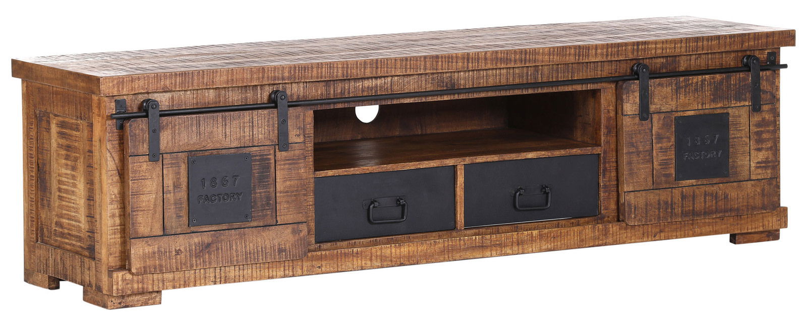 TV-Lowboard aus Holz mit Schiebetüren und Schubladen, seitliche Perspektive