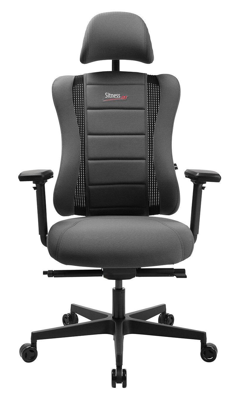 Frontansicht eines grauen Gaming-Stuhls mit ergonomischem Design, verstellbaren Armlehnen und Kopfstütze, Modell SITNESS RS PRO.