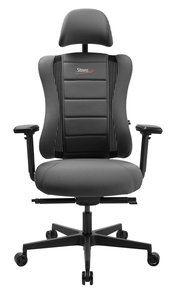 Frontansicht eines grauen Gaming-Stuhls mit ergonomischem Design, verstellbaren Armlehnen und Kopfstütze, Modell SITNESS RS PRO.