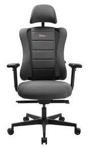 Frontansicht eines grauen Gaming-Stuhls mit ergonomischem Design, verstellbaren Armlehnen und Kopfstütze, Modell SITNESS RS PRO.